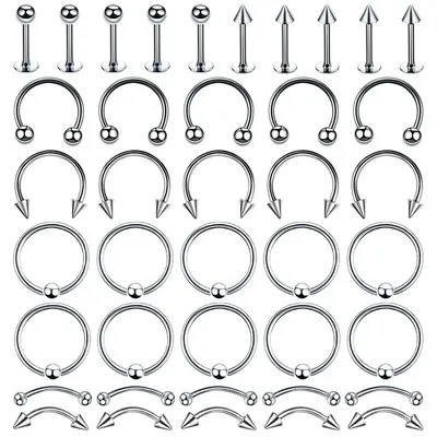 40Pcs Surgical Steel Body Piercing Jewelry Lot Bulk Nose Ring Tongue Bar Lot Eyebrow Labret Piercing