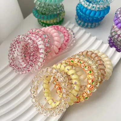 6pcs Set Telephone Cord Scrunchies Spiral Hair Ties Star Spot Glitter Printing Elastic Hair Band