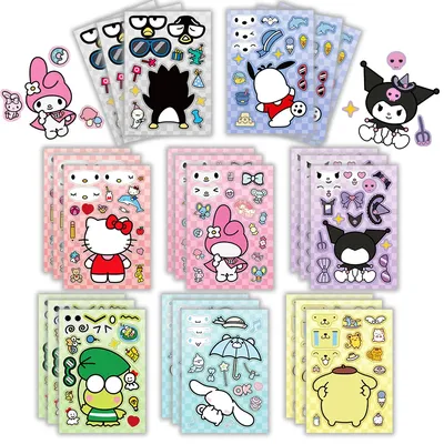 8/16Sheets Children Make-a-Face Puzzle Stickers Sanrio Hello Kitty Kuromi Melody Kids DIY Assemble