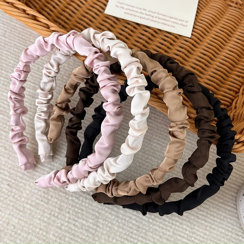 2023 New Solid Color Silky Satin Pleats Headbands for Woman Girls Elegant Hair Hoop Wash Face Hair Band Fashion Hair Accessories