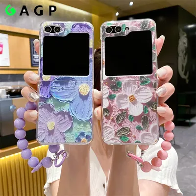 Luxury Oil Painting Flower Z Flip 6 4 5 Bracelet Phone Case for Samsung Galaxy Z Flip 5 6 4 3 Flip5 Z Flip6 Flip4 Fashion Cover