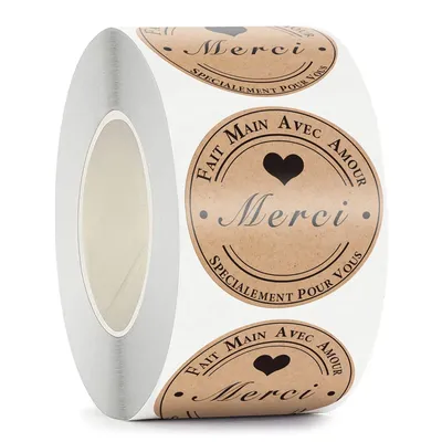 100-500pcs French Merci Kraft Sticker Thank You Fait Main Avec Amour DIY Multifunction Paper Label
