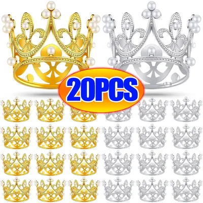 20/1Pcs Mini Crown Cake Decoration Pearl Tiara Gold Silver Crowns Cake Topper for Children Hair