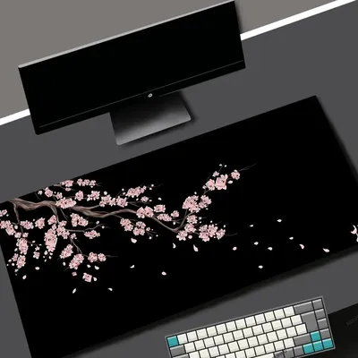Kawaii Pink Cherry Blossom Deskmat Gaming Mousepad Black Carpet Laptop Japan Sakura Mouse Pad