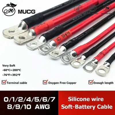 Soft Car Battery Cable Silicone wire With Lug M6 M8 M10 Ring Terminal cable Black Red 1 2 4 5 6 7 8