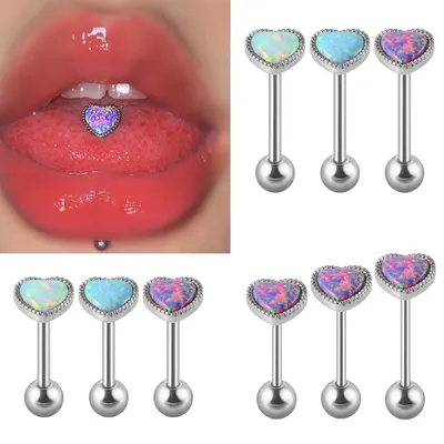 1PC Anti-Allergy Surgical Steel Opal Tongue Rings For Women Heart Shape Opal Ear Tragus Cartilage