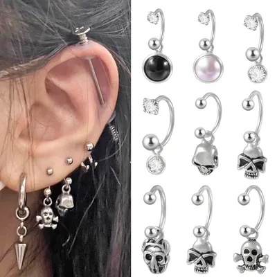 1PC Surgical Steel Punk Skull Dangle Horseshoe Barbell Cz Dangle Pendant Ear Tragus Cartilalge Lobe