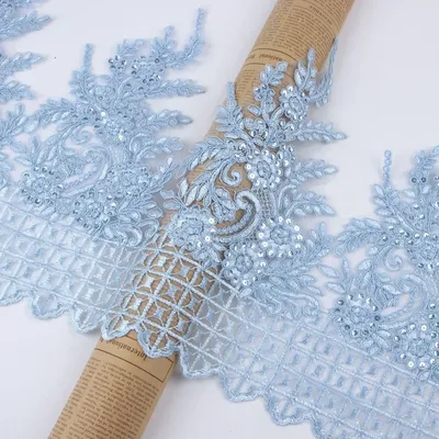 1Yard Blue Sequin Cording Fabric Flower Venise Venice Mesh Lace Trim Applique Sewing Craft for Wedding Dec. 31cm wide