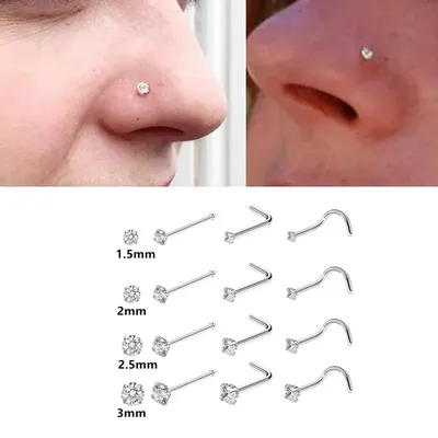 4/12PCS 20G 316L Stainless Steel Zircon Nose Piercing Stud for Women Men, L Shape Nose Ring Nose