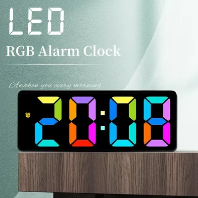 9 Colors Dynamic RBG Digital Alarm Clock Date 3 Levels Volume Snooze Table Clock 4 Levels Brightness