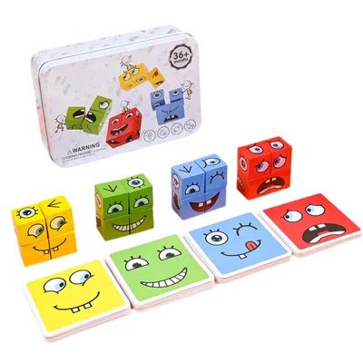 Cube Face Change Building Blocks Board Game Wood Puzzle Montessori Expression Wooden Blocks Blocos