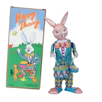 [Funny] Classic collection Retro Clockwork happy bunny rabbit Wind up Metal Walking Tin play drum