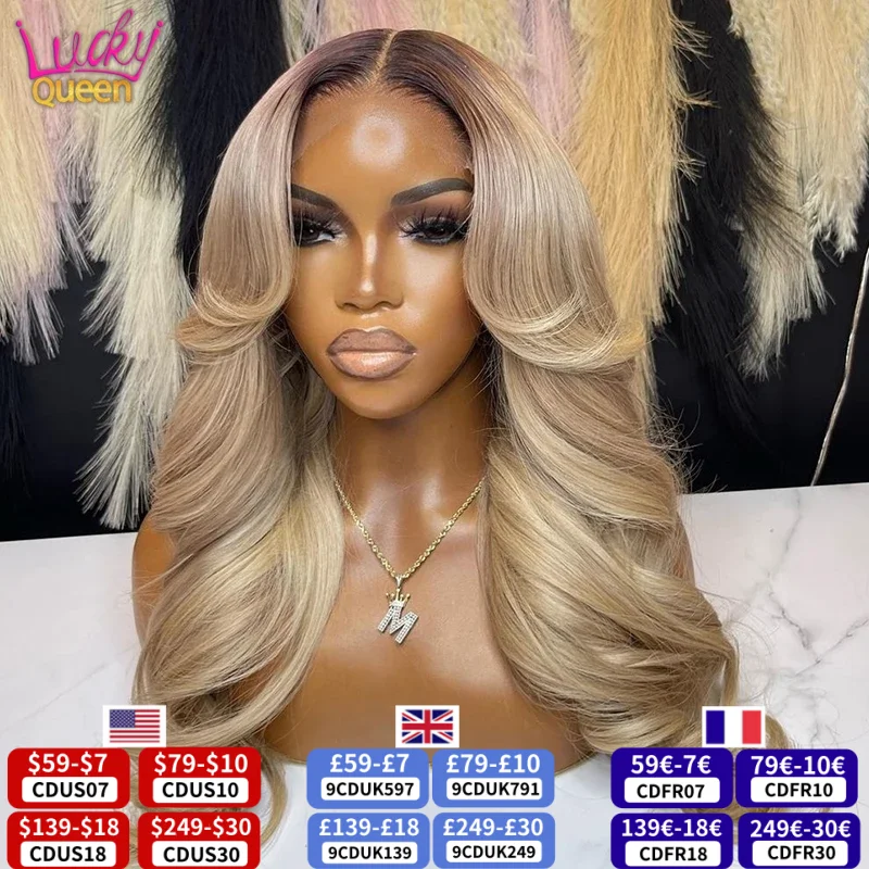 13X6 Ombre Blonde Colored Frontal Wig Human Hair for Women Transparent 13X6 Lace Front Human Hair Wig with Dark Root Pre Plucked