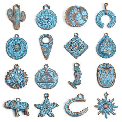 20pcs Bohemian Style Ocean Jewelry Charms Antique Copper Blue Patina Geometric Flower Pendants DIY Necklace Earrings Jewelry
