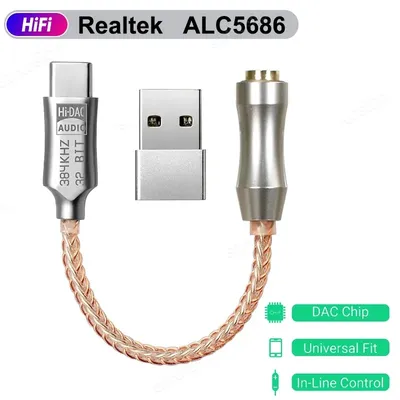 USB Type C to 3.5mm Audio Interface ALC5686 HiFi DAC Headphone Amplifier Digital Audio Decoding