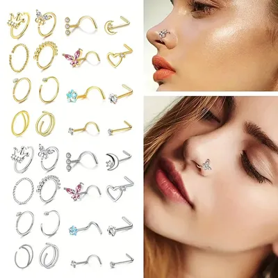 16Pcs Nose Ring Set Butterfly Heart Crown Shape Nose Piercing Jewelry Nose Screws L Shaped Nose