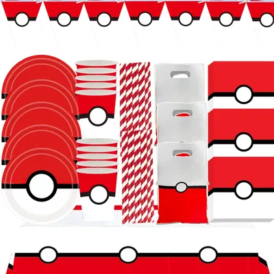 Pokemon Birthday Decoration 20/10pepole Poke Ball Disposable Tableware Tablecloth Plate Cup Baby