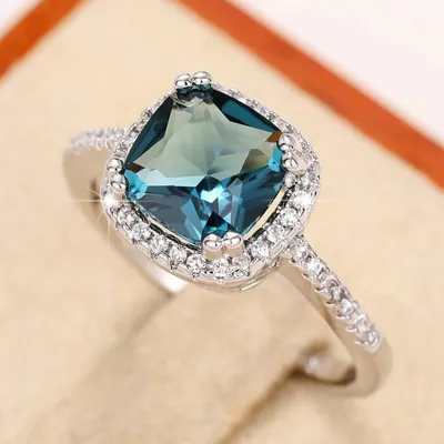 Huitan Classic Cushion Shape Blue Cubic Zirconia Women Rings Wedding Anniversary Party Elegant