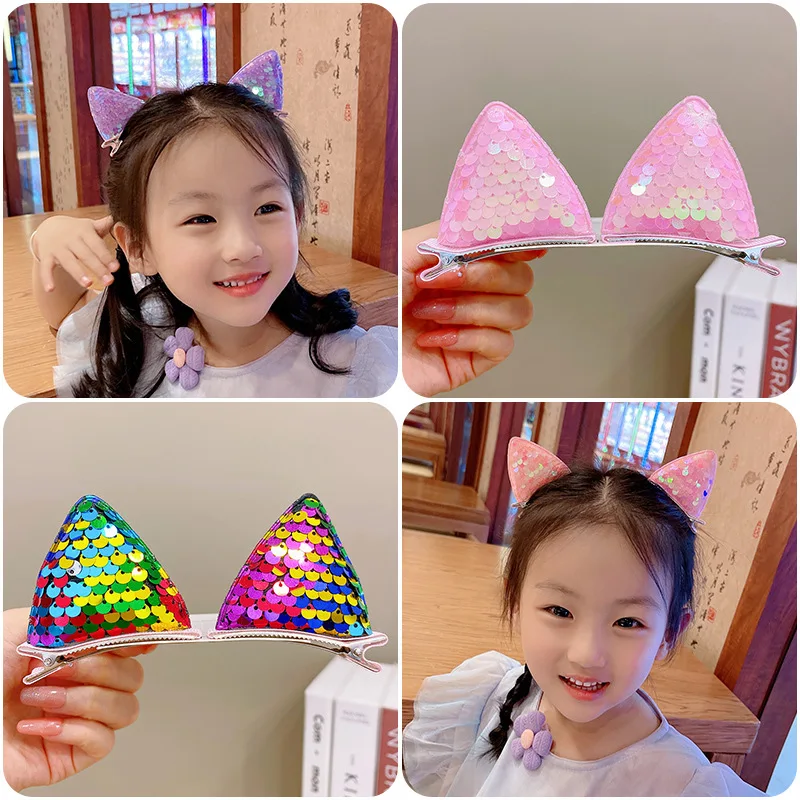 2PCS New Sequins Cat Ears Hairpins Girls Hair Clips Cute Hair Accessories Child Sweet Barrettes Kids Fashion Headwear Ornaments