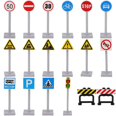 18 Sets MOC Street Traffic Building Blocks City Road Traffic Signs Blocks Toys Classic Sign Warning