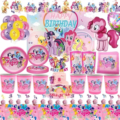 Cartoon Little Pony Birthday Party Decoration Plates Cup Pink Pony Latex Balloon Tablecloth Baby