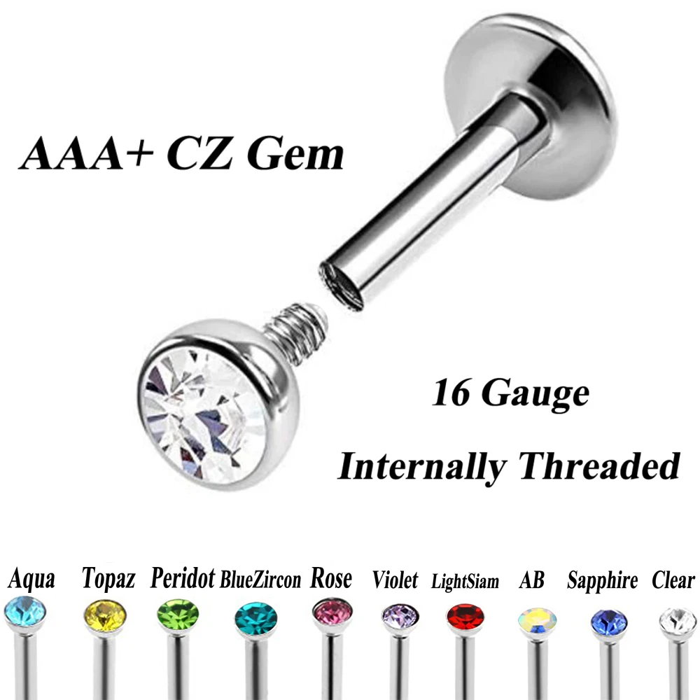 1pc Stainless Steel Internally Thread Flat CZ Gem Labret Lip Piercing Stud Ring Monroe Orelha Cartilage Upper Ear Stud Helix
