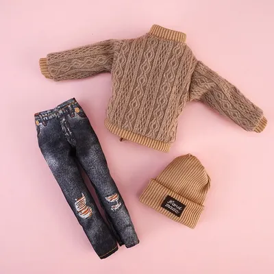 30CM Doll Clothes Suit Fashion Tops Knitted Sweater Hole Jeans Pants Miniature Hat Beanie For 1/6Bjd