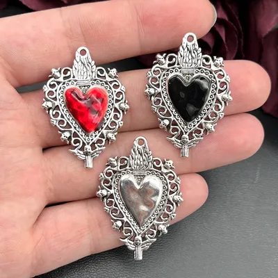 5pcs Silver Enamel Sacred Heart Charms Traditonal Corazon Pendants DIY Handmade Jewelry Making Accessorie