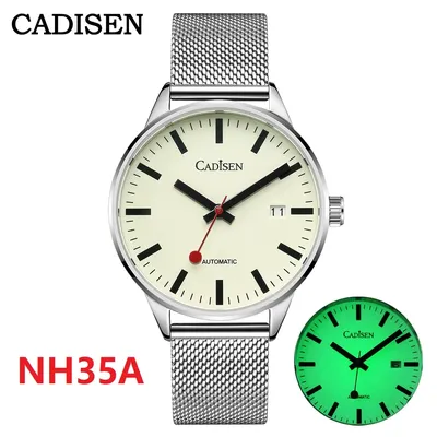 CADISEN Automatic Watch Men Luminous Stainless Steel Self-Wind Wristwatch NH35A Sapphire Waterproof Mesh Belt Mechanical Watch
