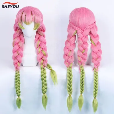 Anime Mitsuri Kanroji Cosplay Wig Long Pink Green Braid Heat Resistant Hair Authentic Cosplay Wigs +