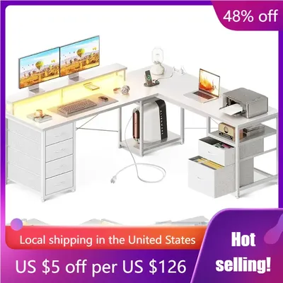 Des K 59“ L Shaped Computer Desk White Monitor Gaming Chair 2 Person Long PC Desks Table With