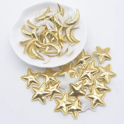 100Pcs 20mm Padded Gold Cloth Star Moon Applique for DIY Craft Clothes Hairpin Wedding Decoration