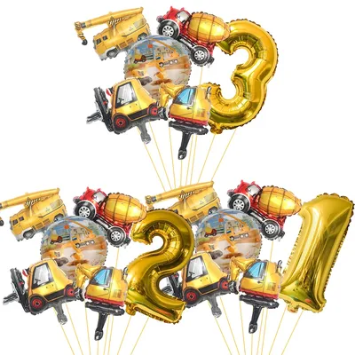 6pcs Carton Vehicle Balloon with 32inch Gold Number Balloon Set for Boy's Construction Themed