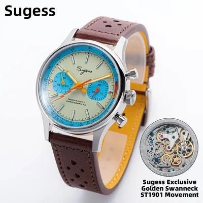 Sugess Pilot Watch of Mens Original ST1901 Movement Chronograph Mechanical Wristwatches Sapphire Crystal Waterproof Racing Strap