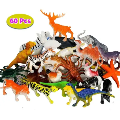 60Pcs Mini Simulation Animal Set Solid Wild Animal Lion Shark Ancient Dinosaur Model Toy Classic