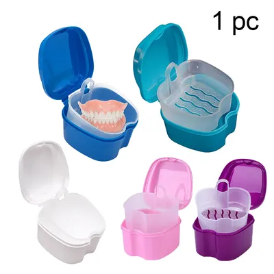 Denture Bath Box Organizer Dental False Teeth Storage Box with Hanging Net Container Cleaning Teeth
