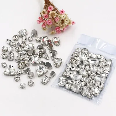 Wedding decorations mixed shape clear white glass crystal sewing rhinestones with silver base for