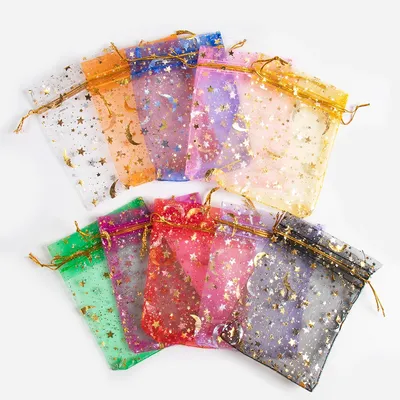 50pcs Star Moon design Drawstring Organza Sack Bags Eid Mubarak Wedding Party decoration Candy Gift