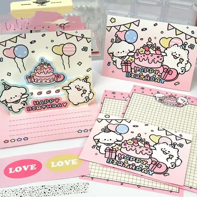 INS Style Cute Birthday Envelope Letter Sticker Set Cartoon Cake Greeting Card Handwritten Romantic