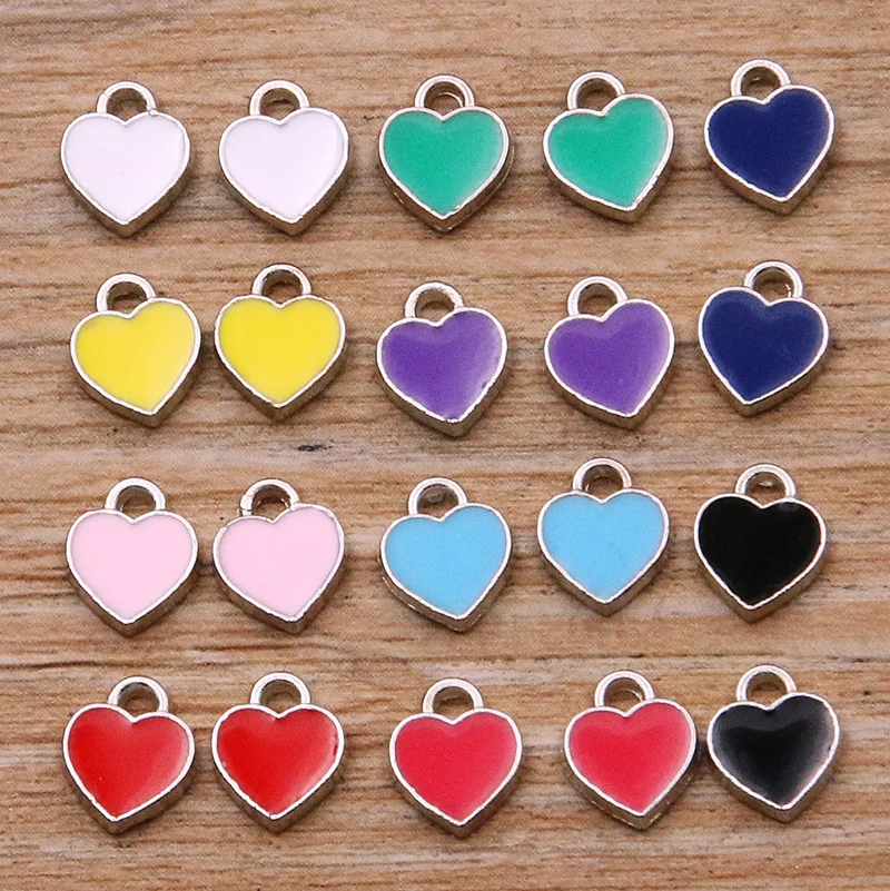 50PCS 6*8mm 10Color Metal Small Heart Rhodium Pendant Dripping Oil Enamel Charms For Women Necklace Earrings Jewelry Making
