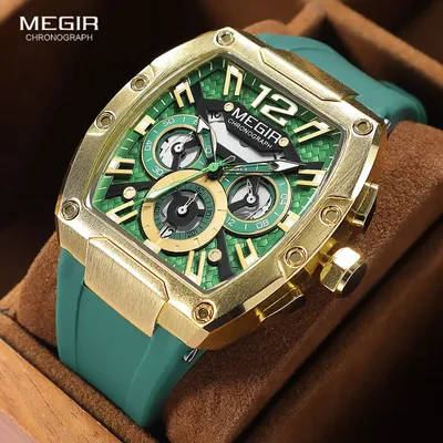 MEGIR Fashion Sport Quartz Watch for Men Waterproof Golden Green Silicone Strap Chronograph Wristwatch with Date Luminous Hands