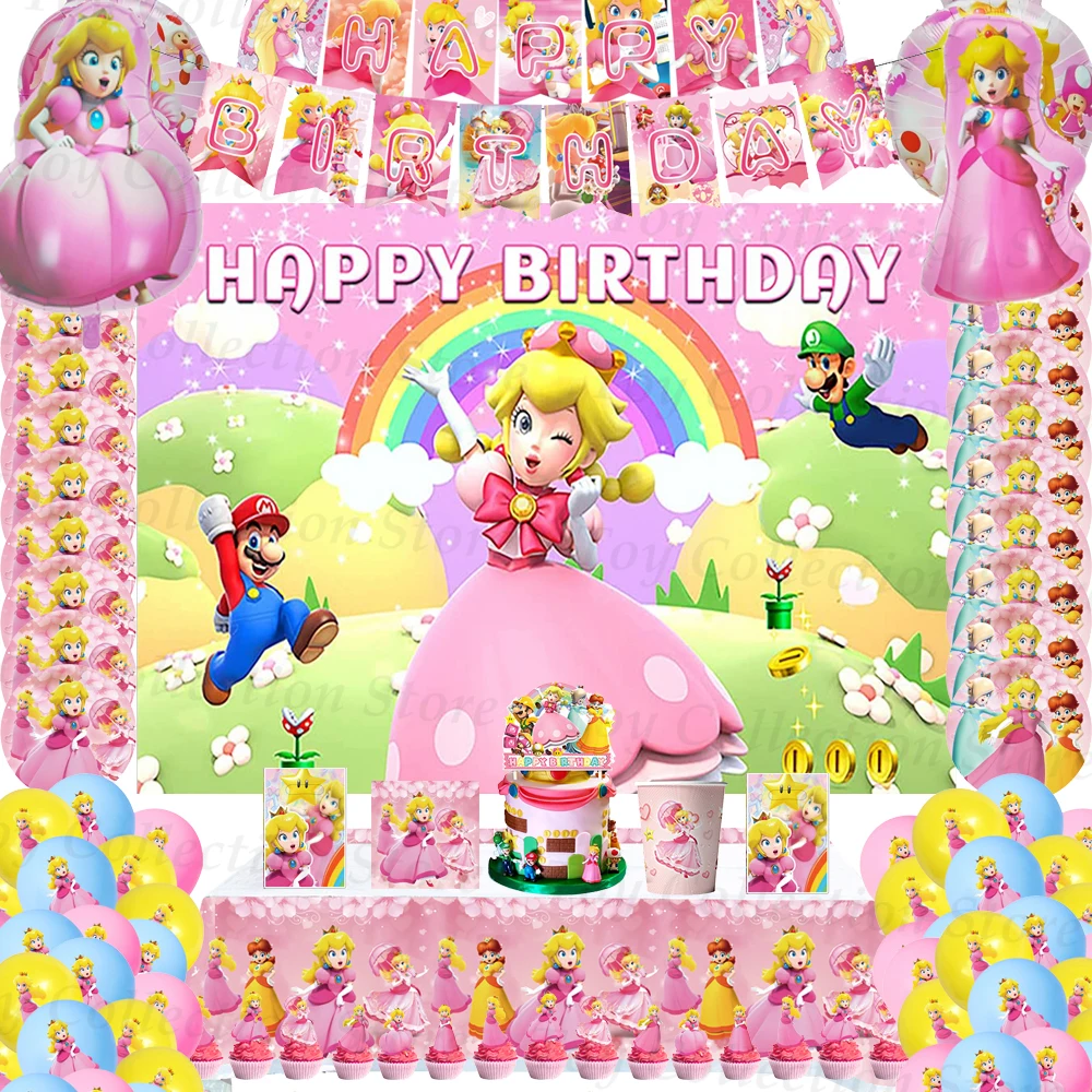 Princess Peach Marioed Super Bros Party Supplies Girl Favors Party Accessories Decoration Paper Plate Cup Backdrop Festivel Gift