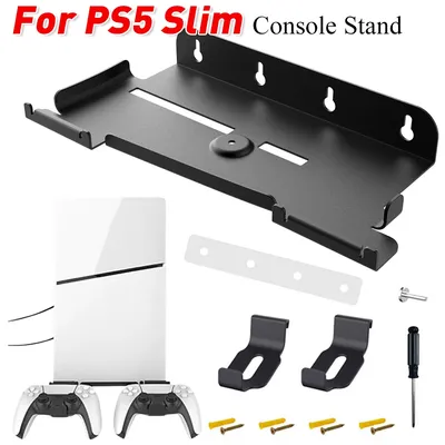 Wall Mounted Console Stand For PS5 Slim Holder with 2 Controller Mounts Vertical Stand Storage