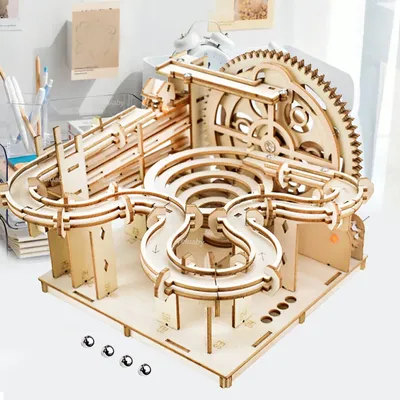 3D Wooden Puzzle DIY Mechanical Manual Model Building Kits Assemble Toys Marble Run Set with 4 Ball