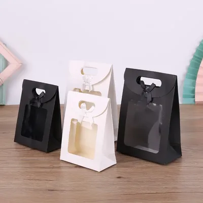 10Pcs Black/White Gift Bags with Clear Window Kraft Paper Bag with handle Candy Biscuits Cake