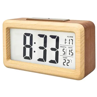 Wooden Alarm Clock with Calendar and Temperature displayed. Solid Wood Digital Clock for Desktop