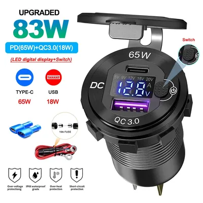 Upgraded 83W PD Car Charger 12V/24V USB Outlet Laptop PD & QC3.0 Port Socket with LED Digital