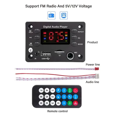 DC 5V 12V DIY MP3 WAV WMA Decoder Board 6.5mm Microphone Bluetooth 5.0 Car Audio USB TF FM Radio MP3