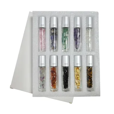 10pcs Essential Oil Bottles Roll On Roller Ball Crystal Chips Semiprecious Stones Bottle 10ml