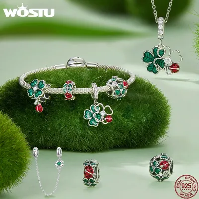 WOSTU 925 Sterling Silver Green Lucky Clover Charms Safety Chain Red Ladybug Silicone Stopper Beads